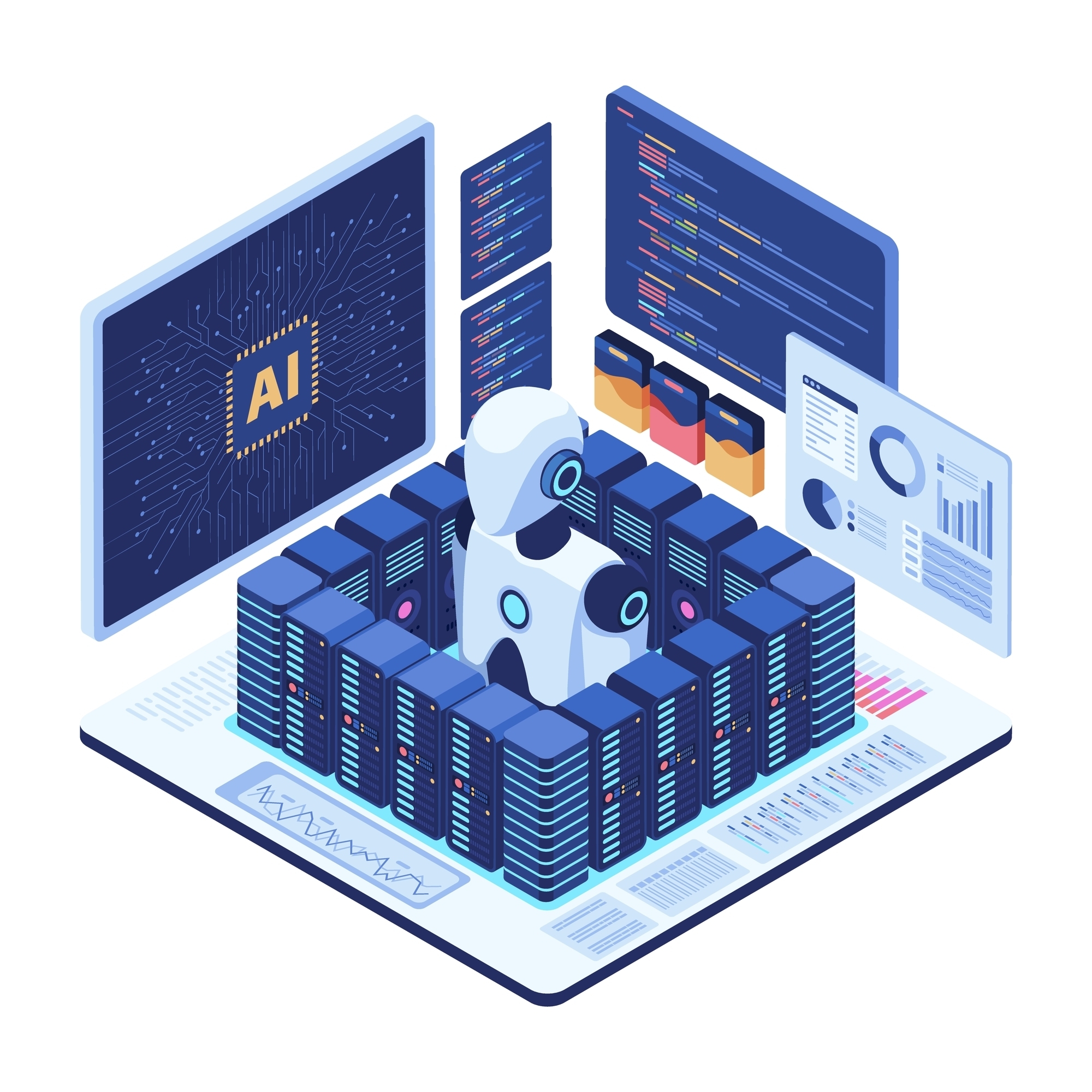 Flat,3d,Isometric,Ai,Robot,In,Server,Room,With,Data Flat,3d,Isometric,Ai,Robot,In,Server,Room,With,Data